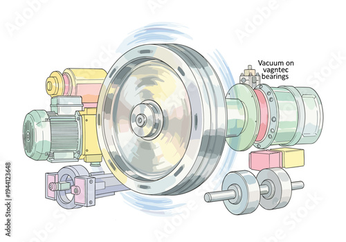 Exploded view illustration of a complex industrial machine with motor and vacuum bearings
