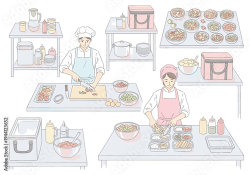 Chefs preparing and packing meals in a professional kitchen setting