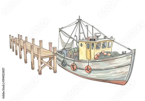 Fishing boat docked at a wooden pier with nets and buoys ready for the sea