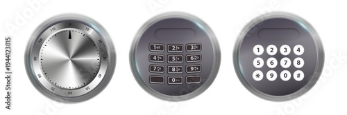 Combination Lock Padlock 3D Set Security Padlocks with Number Code Dials and Safe Strongbox Vault Locker , Isolated on Transparent Background. Vector