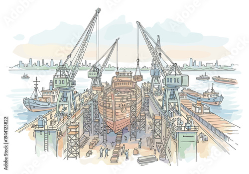 Busy shipyard with large cranes constructing a new ship and other vessels in the water