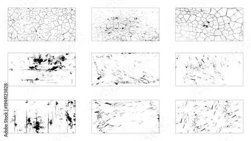 Set of distressed backgrounds with old wall cracks. Grunge monochrome vector overlay effect