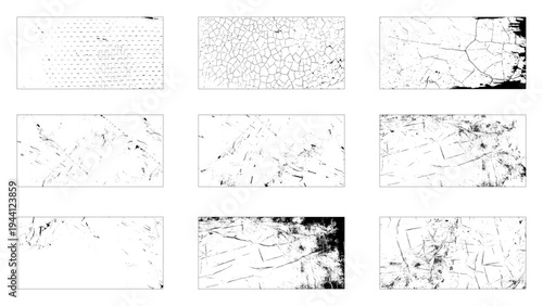 Set of distressed backgrounds with old wall cracks. Grunge monochrome vector overlay effect