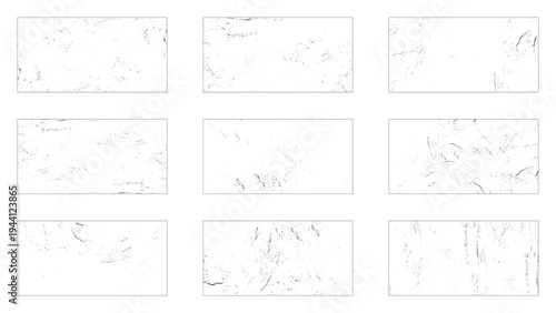 Set of distressed backgrounds with old wall cracks. Grunge monochrome vector overlay effect for aged dry surface look.