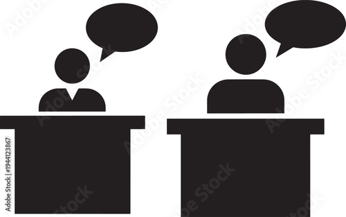 Two people talking at desks silhouette icon vector