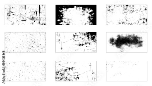 Set of distressed backgrounds with old wall cracks. Grunge monochrome vector overlay effect for aged dry surface look.