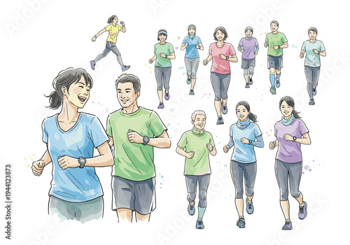 Diverse group of people of various ages enjoying a healthy outdoor running activity together