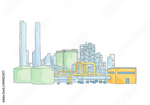 Industrial factory complex with tanks, pipes, and smokestacks, rendered in a simple cartoon style