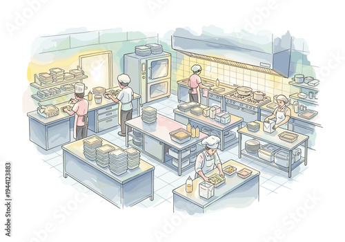 Busy commercial kitchen with chefs preparing food and packaging orders for delivery