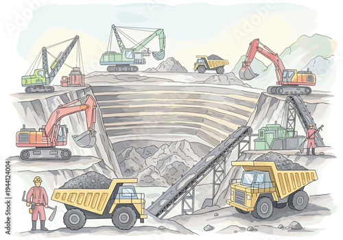 Open pit mine with excavators, dump trucks, and conveyor belts in operation