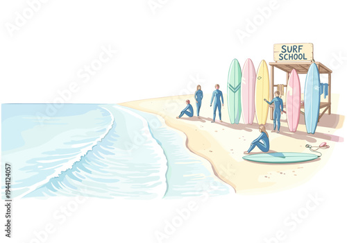 Surfers in wetsuits gather on a sandy beach next to colorful surfboards and a surf school hut
