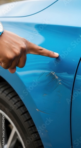 Male hand pointing at a scratched and dented door of a blue car. Concept of auto insurance claim, vehicle damage, road accident and auto body repair