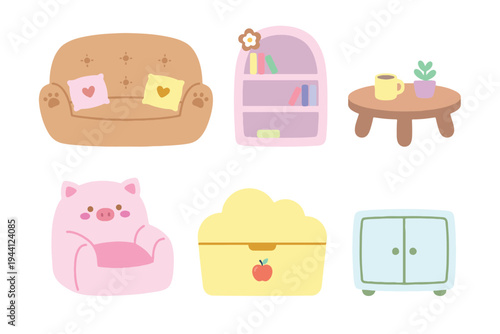 Cute Furniture Set for Kids Room, Pastel Sofa Bookshelf and Chair Collection Flat Vector Illustration