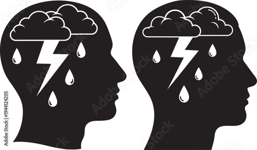 Silhouette of head with storm and rain icon concept