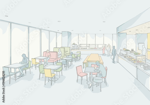 Modern cafeteria interior with diverse seating and food service counters, people dining