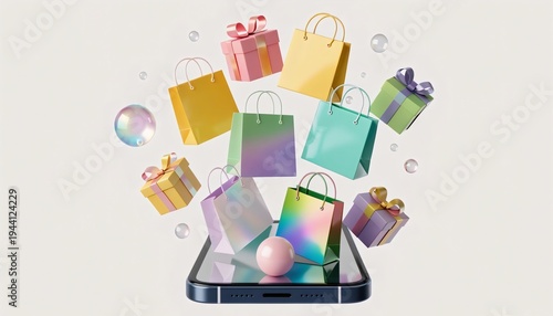 Colorful shopping bags and gifts emerging from a smartphone, symbolizing online shopping and e-commerce success