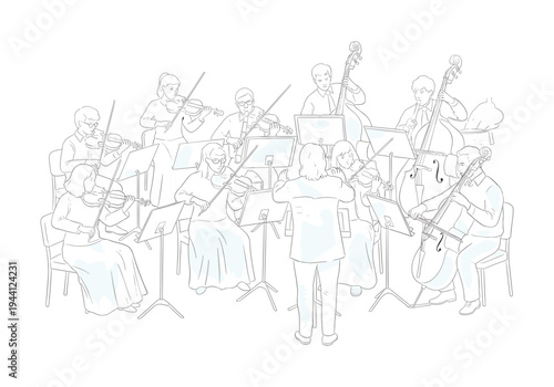 Orchestra performance with conductor leading musicians playing various string instruments