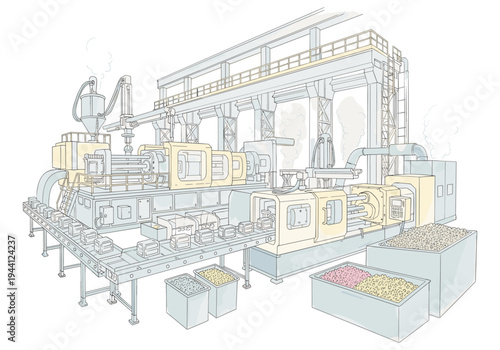 Automated plastic injection molding factory line with conveyor belts and material bins