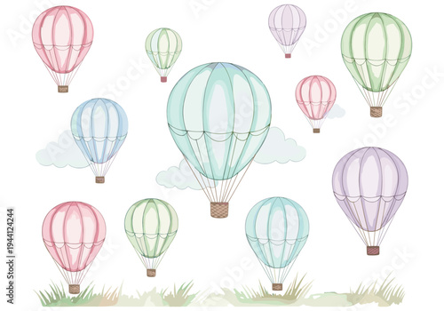 Collection of pastel hot air balloons floating gently in the sky with clouds and grass below