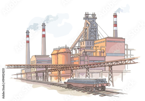 Industrial steel mill with smoking chimneys and a train carrying metal on tracks
