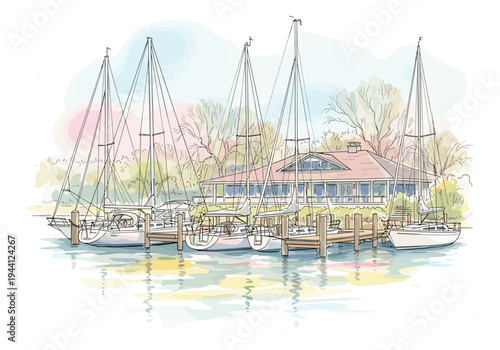 Watercolor sketch of sailboats docked at a marina with a lodge-style building in the background