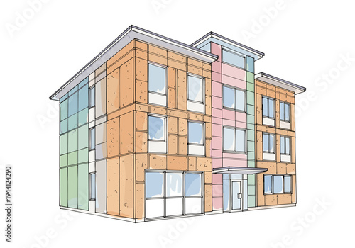 Modern apartment building with colorful facade and large windows, architectural sketch