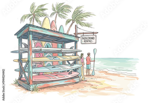 Colorful paddleboard and surfboard rental stand on a tropical beach with palm trees