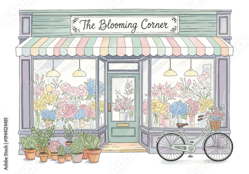 Charming floral shop facade with a bicycle parked outside, showcasing abundant flowers
