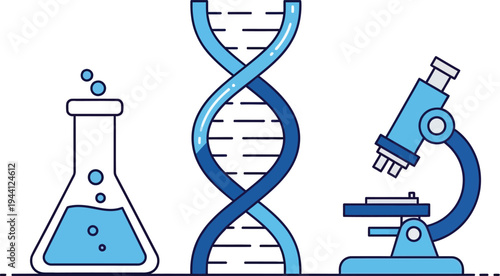 Medical research and biotechnology concept with DNA double helix, laboratory flask, and microscope, professional blue line art vector illustration for science and genetics.