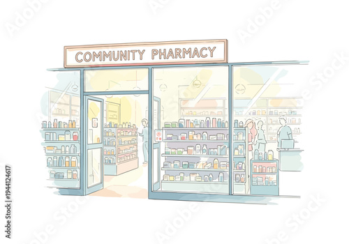 Exterior view of a community pharmacy with shelves stocked with medicines and people inside