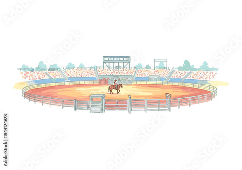 Rodeo arena with cowboy on horse and spectators in stands, illustration