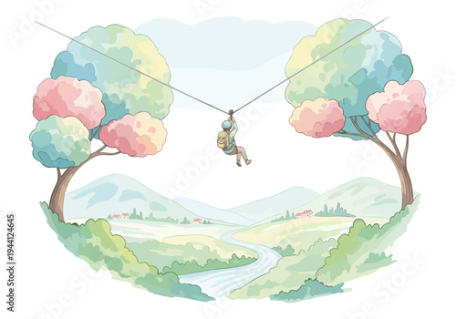 Person ziplining through a scenic landscape with colorful trees and rolling hills