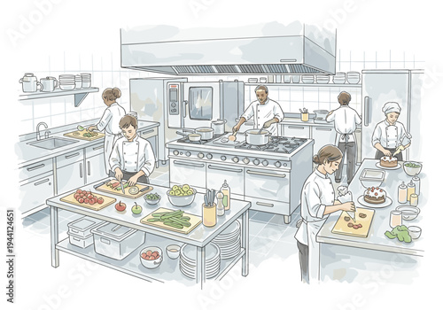 Culinary students practice professional cooking techniques in a busy, well-equipped commercial kitchen environment
