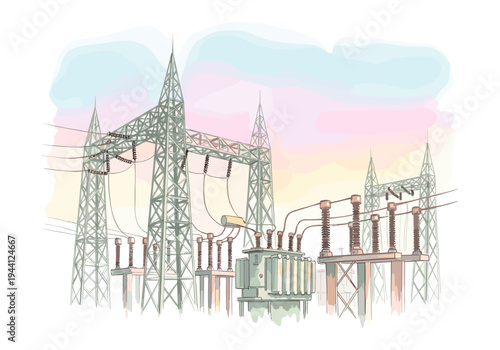 Electrical substation with power lines and transformers, a sketch of energy infrastructure
