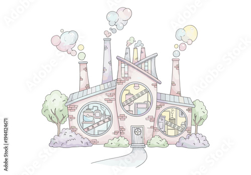 Whimsical factory illustration with pastel colors and cartoonish smokestacks emitting colorful bubbles