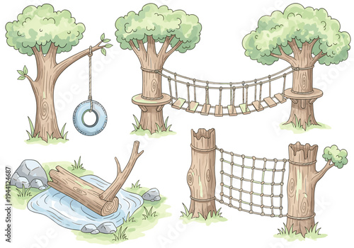Cartoon adventure park elements including rope bridge, tire swing, and log crossing