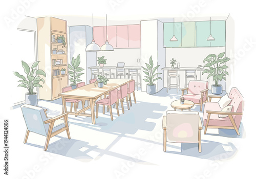 Cozy and bright open-plan living and dining area with plants and natural light