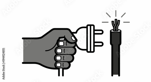 Hand Holding Electrical Plug Near Damaged Cable.