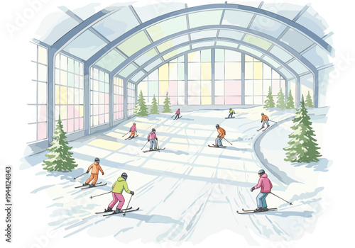 Indoor ski slope with people skiing and snowboarding under a large glass roof