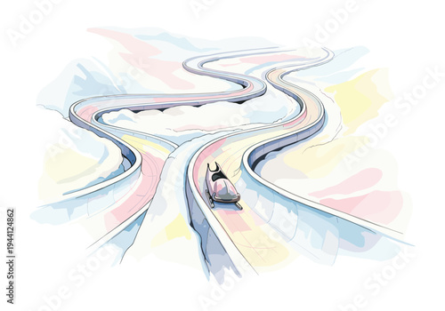 Illustration of a bobsled racing down a winding icy track with pastel colored snowbanks