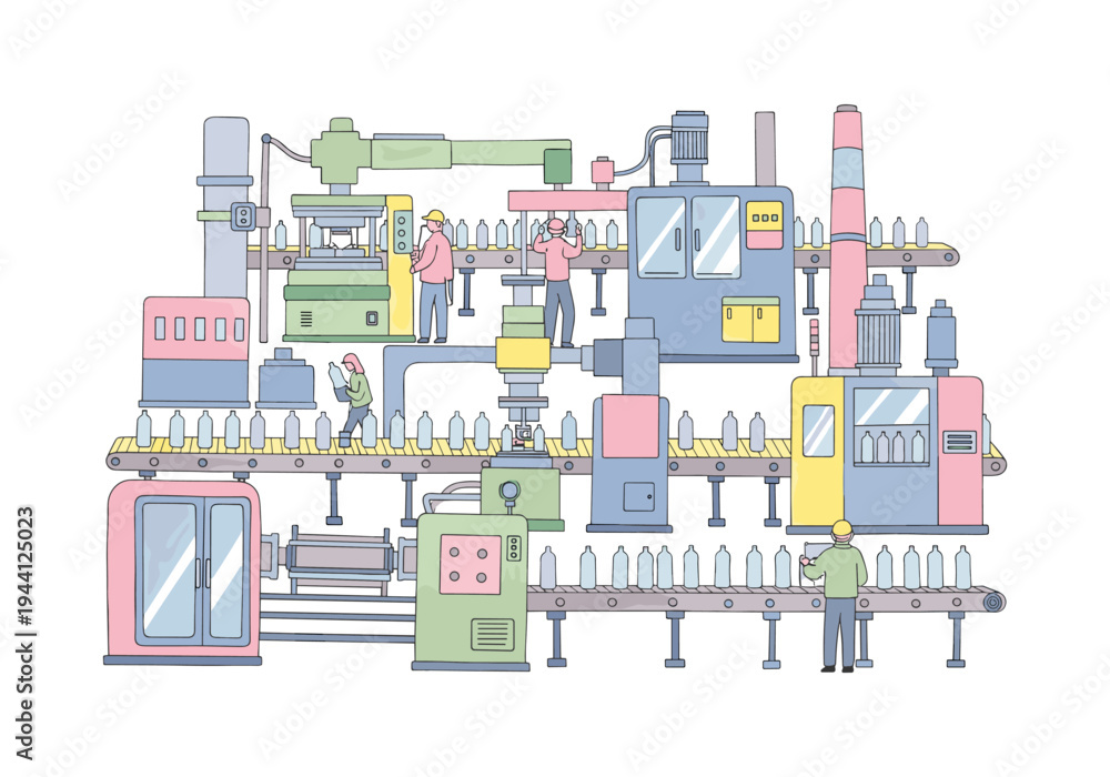 Fototapeta premium Automated factory production line with workers overseeing bottle manufacturing process
