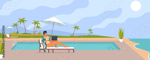 Young woman working remotely and relaxing by the pool in a trendy tropical hotel