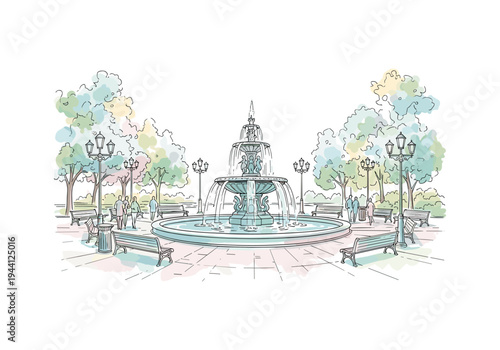 Charming park scene with a tiered fountain, benches, lampposts, and people strolling