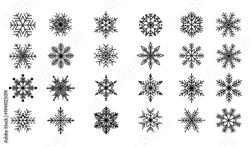 A set of black and white snowflakes in a vector graphic illustration
