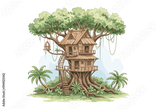 Whimsical wooden treehouse nestled in a lush tropical jungle with palm trees
