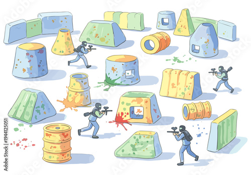 Cartoon paintball field with players and colorful obstacles, barrels, and bunkers