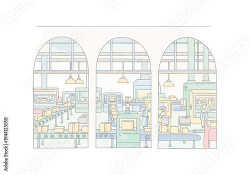 Modern factory interior with automated assembly lines and workers packaging goods