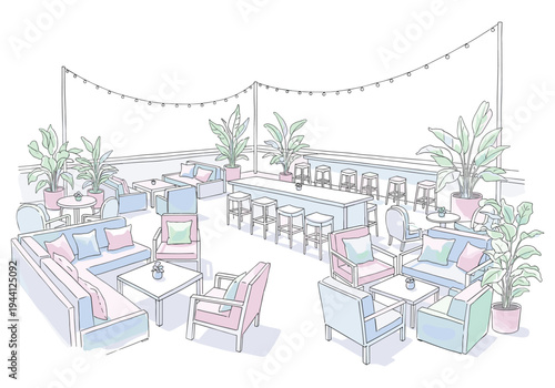 Modern rooftop lounge with bar, seating areas, and string lights for a stylish ambiance