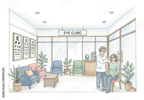Optometrist examining a patient's eyes in a modern eye clinic waiting room