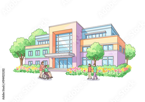 Modern healthcare facility with people arriving and leaving, symbolizing care and community